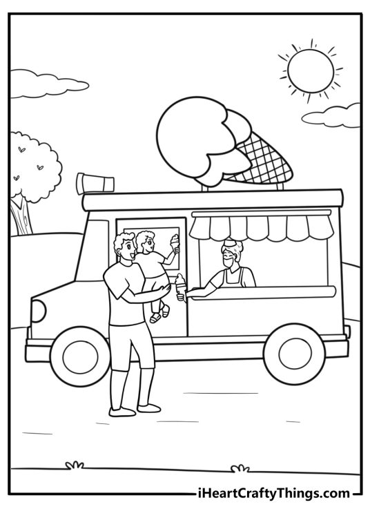 Family buying ice cream from a truck in summer coloring page