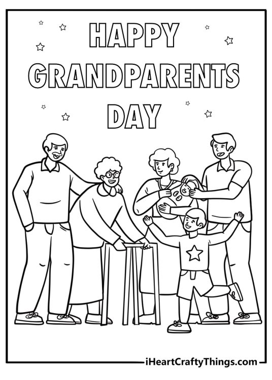Family celebrating grandparents day fun printable coloring sheet