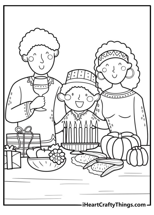 Family celebrating kwanzaa together coloring sheet