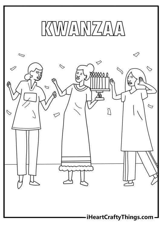 Family dancing during kwanzaa celebration coloring page