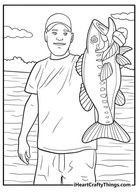 Fisherman holding a bass near a lake printable coloring sheet