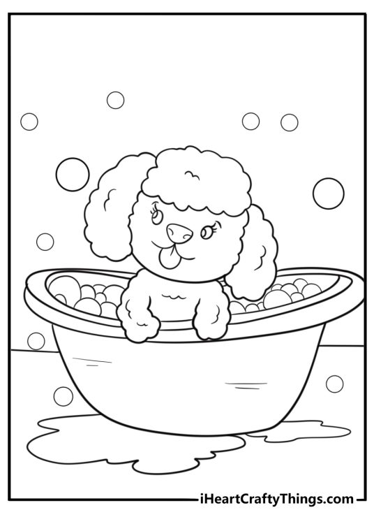 Fluffy poodle sitting in a bubble bath coloring sheet