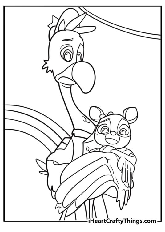 Freddy the flamingo carrying a baby animal coloring page