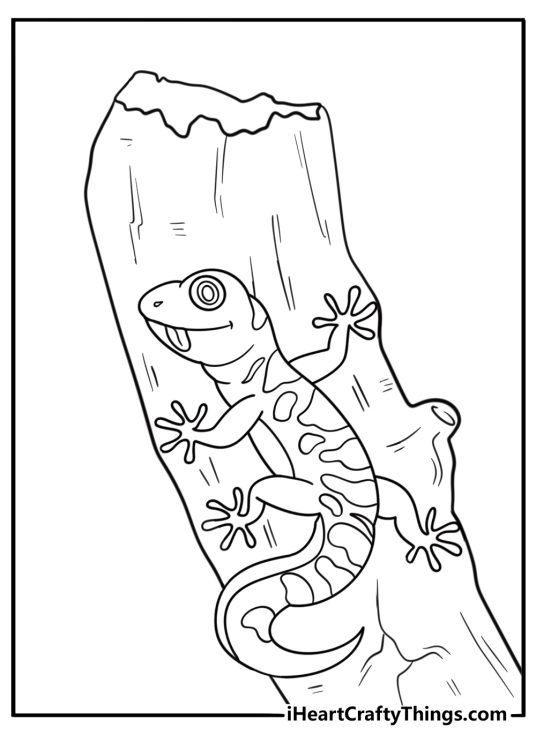 Gecko near a log in a jungle setting free printable coloring page