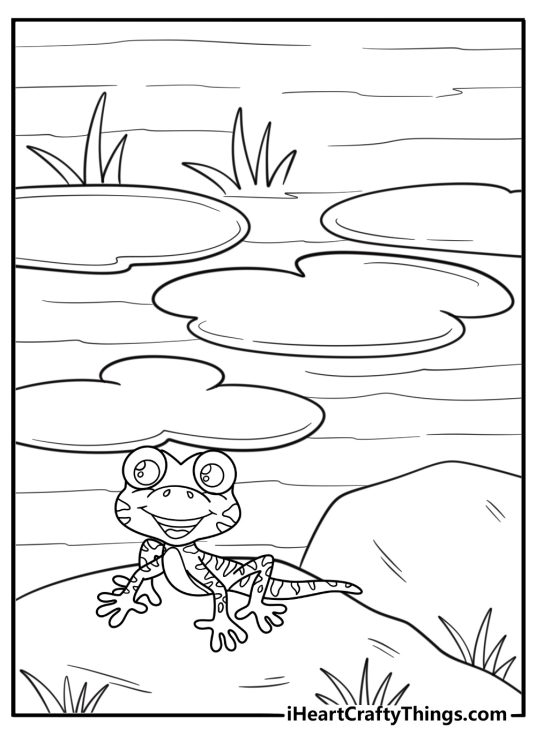 Gecko near a pond in a lush garden free coloring page