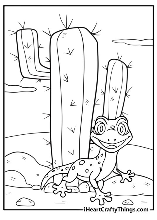 Gecko next to a cactus in the desert free coloring page pdf