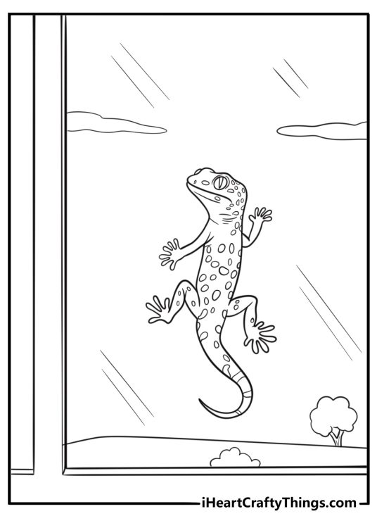 Gecko on a windowsill at dusk coloring page