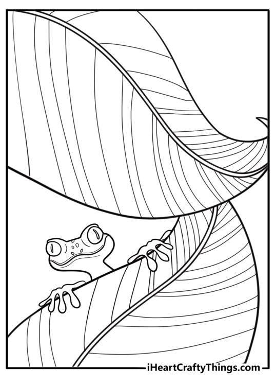 Gecko peeking out from behind a leaf free coloring page pdf
