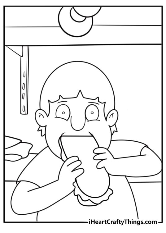 Gene eating a giant burger coloring page