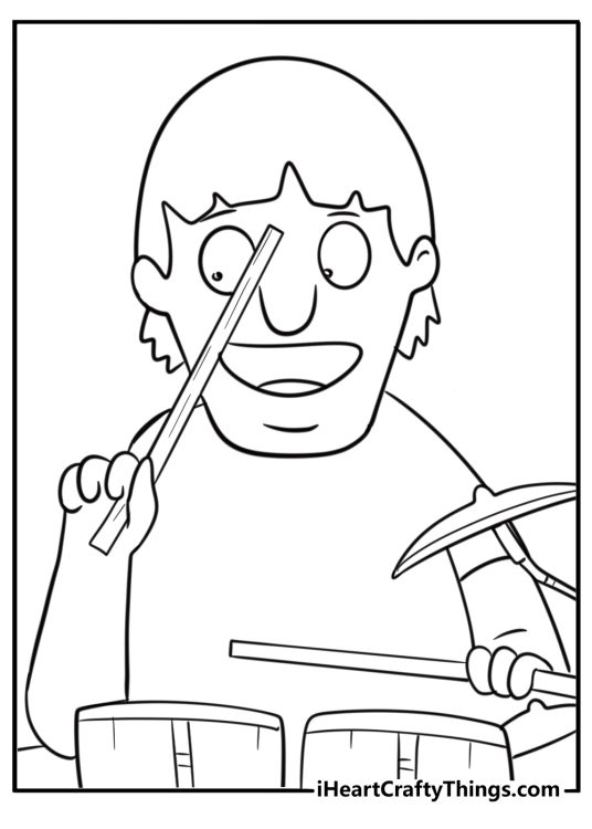 Gene playing drums with kitchen utensils coloring page