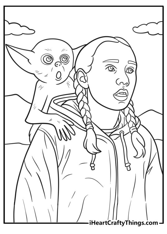 Girl from The Legend of Ochi petting a forest beast coloring page