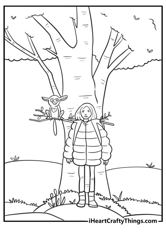 Girl hiding from shadow monsters in the trees coloring page