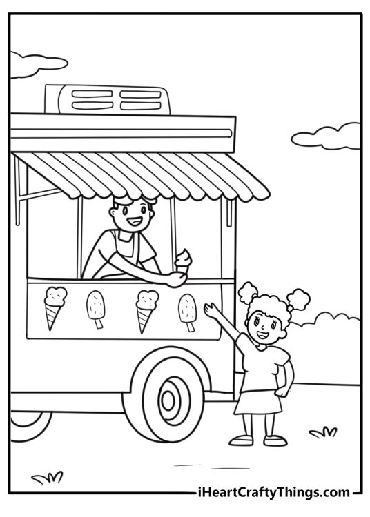 Girl receiving ice cream from the truck window coloring sheet