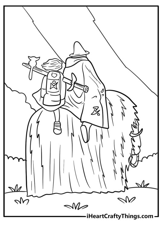 Girl riding a furry creature through the woods coloring page