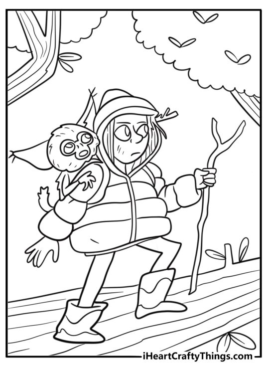 Girl walking across giant tree branches coloring page