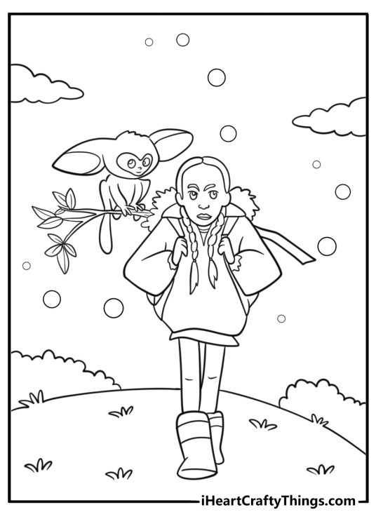 Glowing spirit animals surrounding the girl coloring page