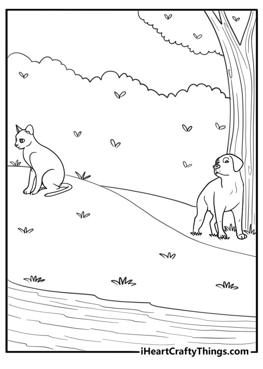 Golden retriever observing the flow cat from below a tree