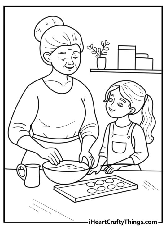 Grandma baking cookies with grandchild fun coloring sheet