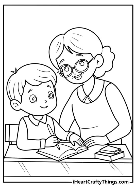 Grandma helping child with homework fun coloring sheet