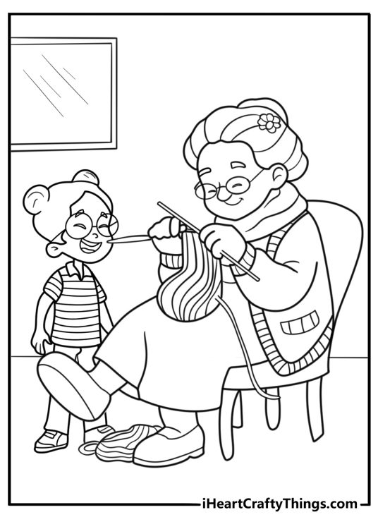 Grandma knitting next to grandchild fun printable coloring sheet