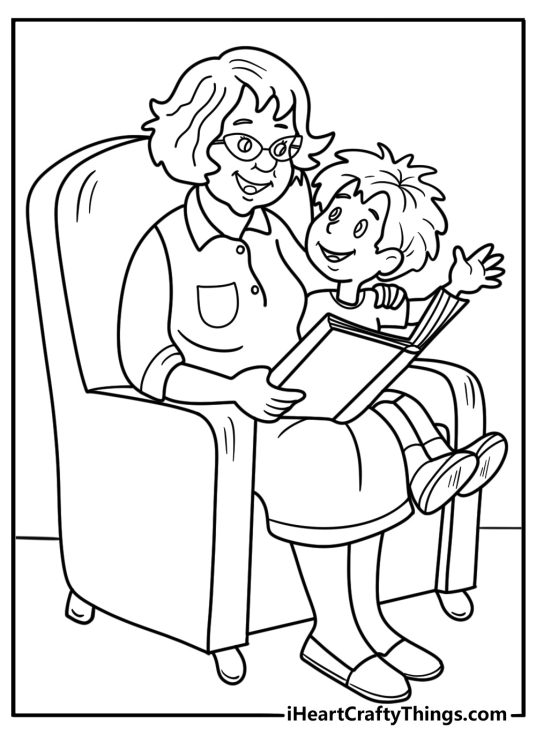 Grandma reading a book to child coloring sheet