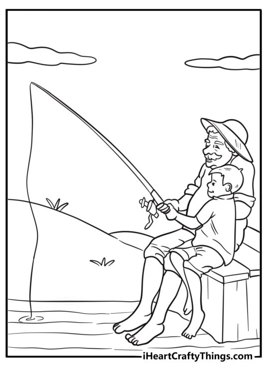 Grandpa and child fishing by a lake detailed coloring sheet