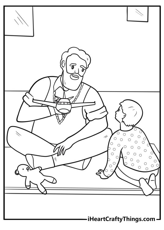Grandpa fixing a toy for his grandchild coloring page