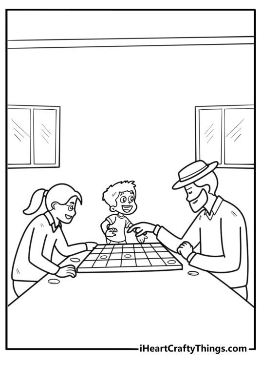 Grandpa playing checkers with grandchild coloring page for kids