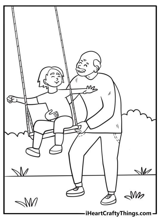 Grandpa pushing grandchild on a swing free coloring page pdf