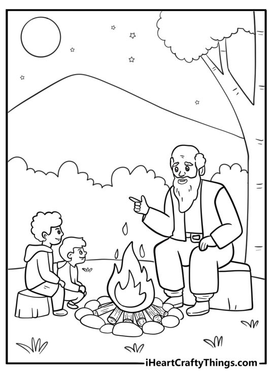 Grandpa telling stories around a campfire coloring page