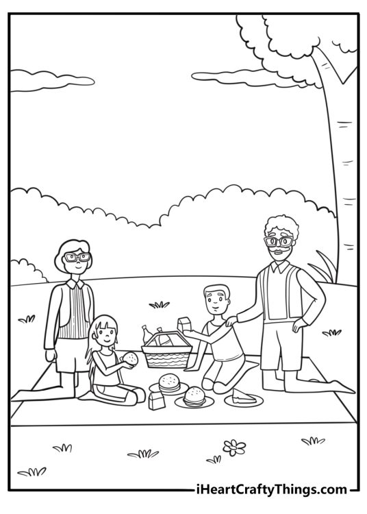 Grandparents and grandchildren having picnic free printable coloring page