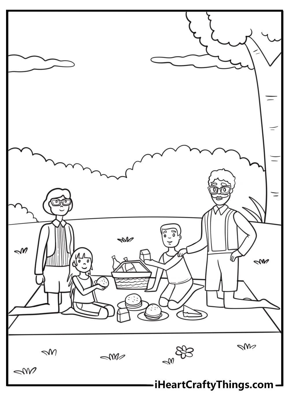 grandparents and grandchildren having picnic free printable coloring page