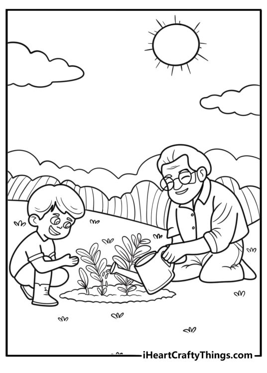 Grandparents and kids planting flowers together detailed coloring sheet