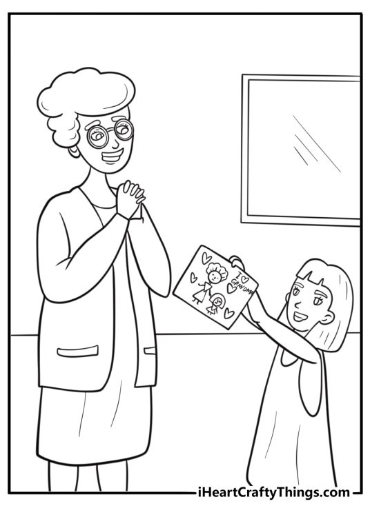 Grandparents getting handmade card from children detailed coloring sheet