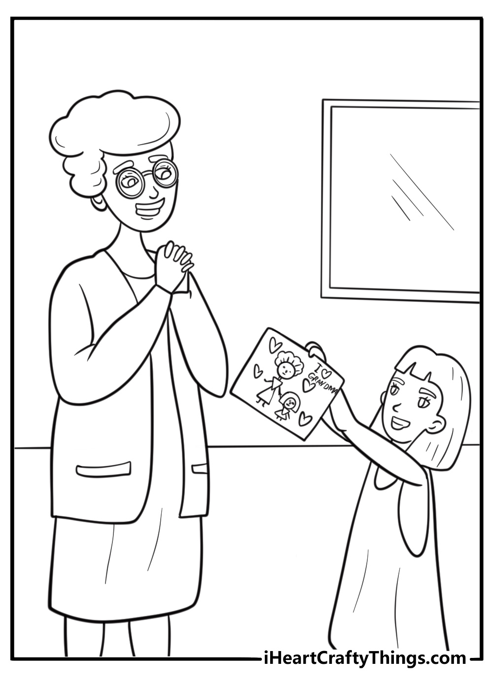 grandparents getting handmade card from children detailed coloring sheet
