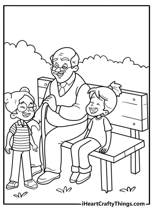 Grandparents sitting on a bench with kids free printable coloring page