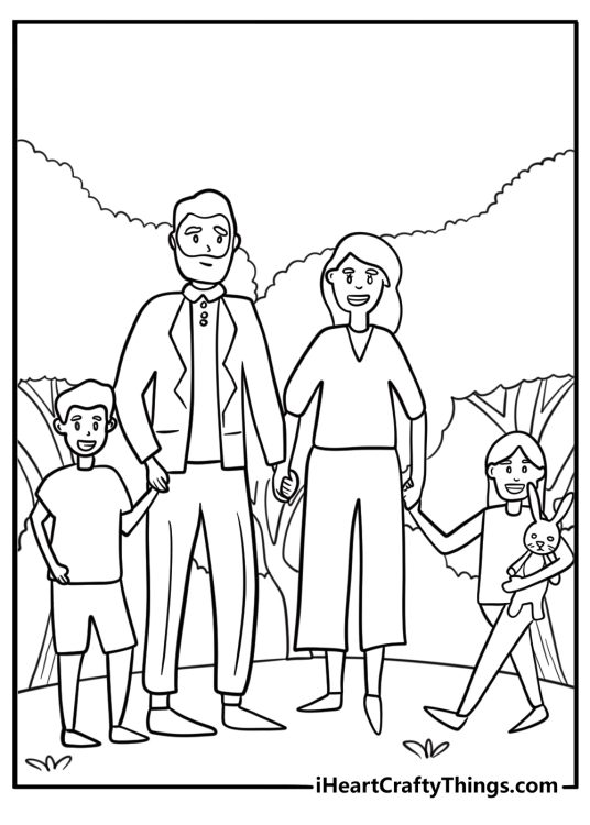 Grandparents walking in the park with kids free coloring page pdf