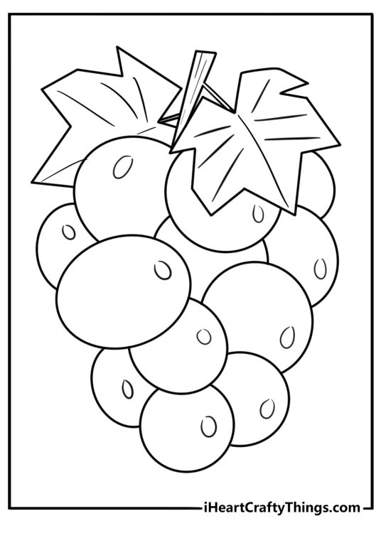 Grapes coloring page featuring cartoon grapes with leaves