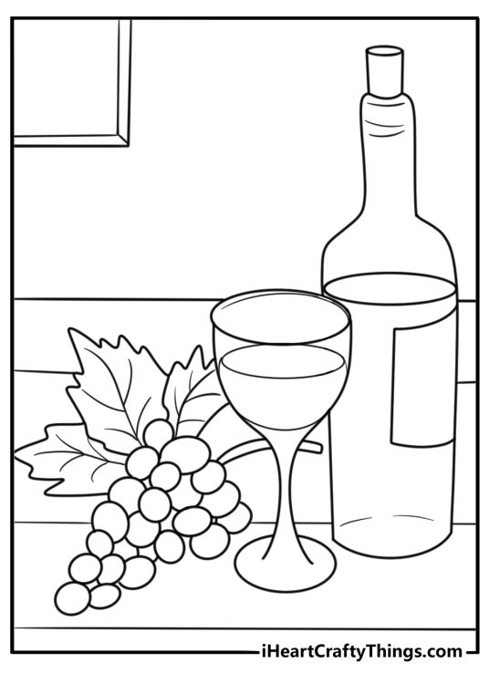 Grapes coloring page showing a grape bunch next to a wine bottle