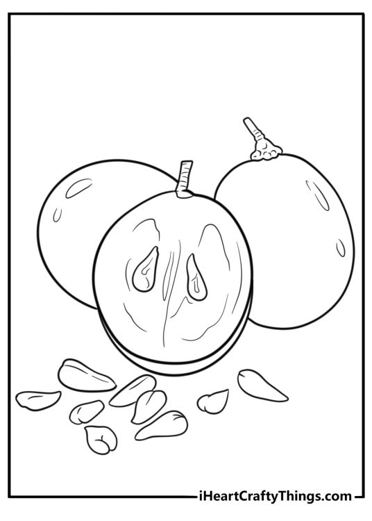 Grapes coloring page showing sliced grapes with seeds
