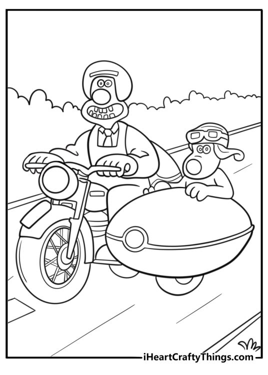 Gromit driving the sidecar with goggles detailed coloring sheet