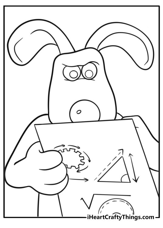 Gromit looking suspicious holding blueprints fun coloring sheet