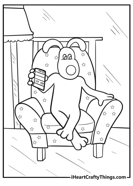 Gromit sitting in an armchair watching TV fun printable coloring sheet