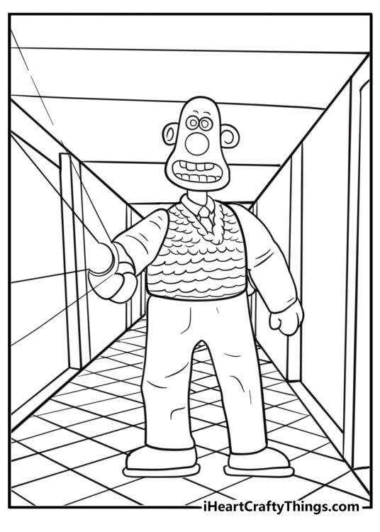 Gromit sneaking through a hallway with flashlight detailed coloring sheet