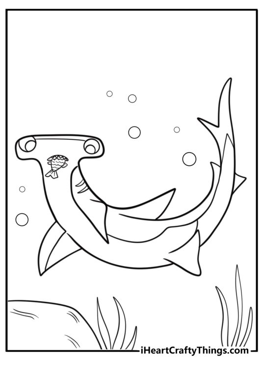 Hammerhead shark hunting fish in deep sea coloring page