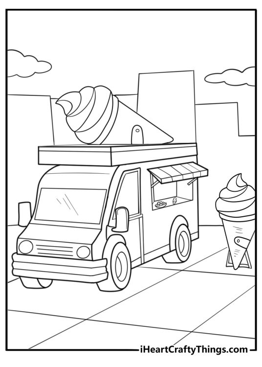 Ice cream cones displayed on the side of the truck coloring page