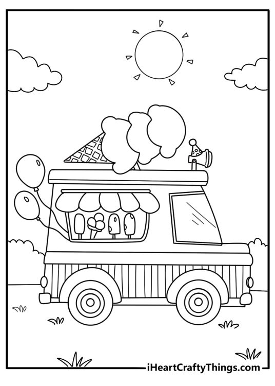Ice cream truck driving on a sunny street coloring page