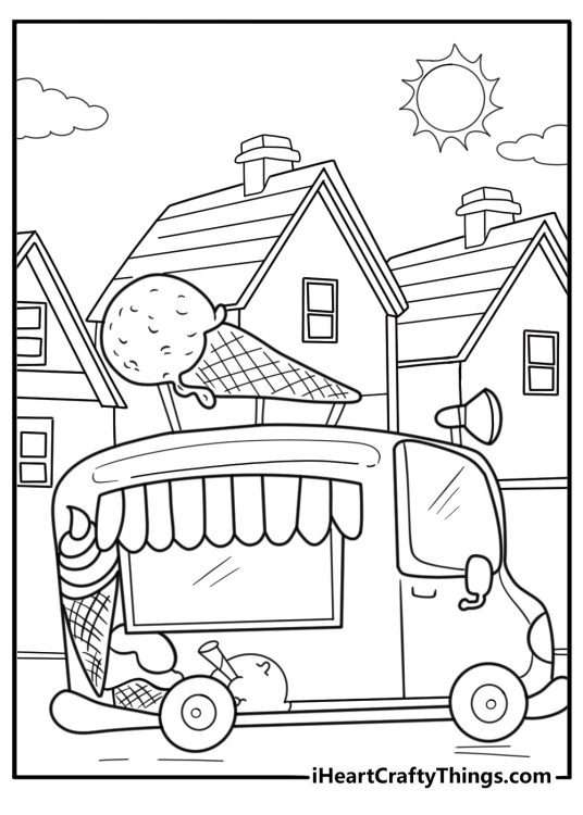 Ice cream truck driving through a neighborhood coloring sheet