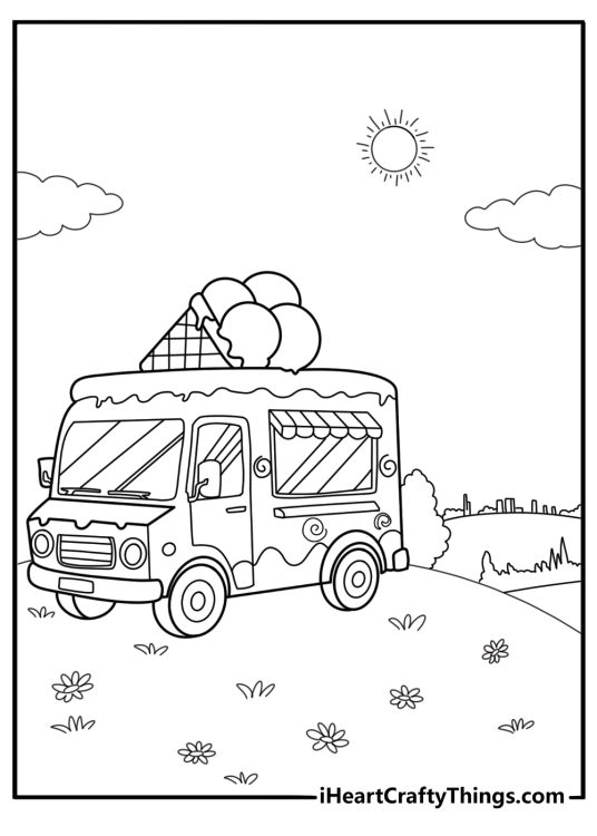 Ice cream truck on a hill with countryside background coloring sheet