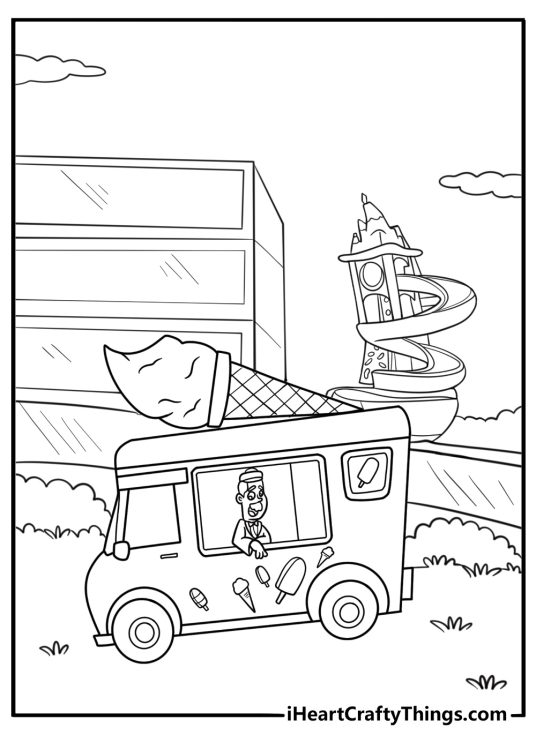 Ice cream truck parked near a school playground coloring sheet
